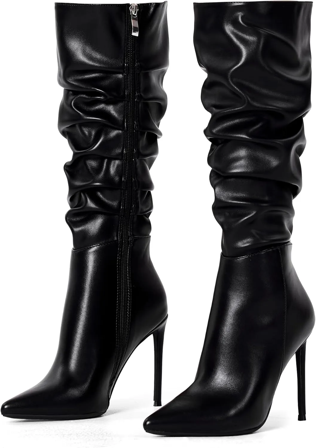 Elisabet Tang Women's Knee High Booties,Faux Suede 4" Stiletto Heel Pointed Toe Knee High Boots Side Zipper Boots Dress Shoes