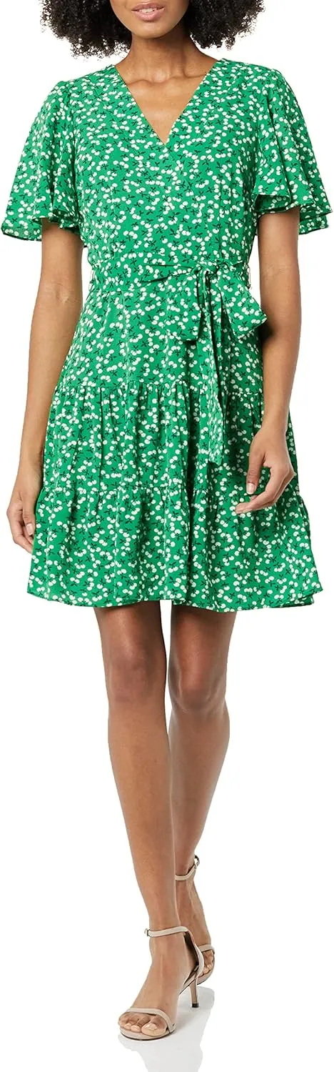 Eliza J Women's V Neck Flutter Sleeve Fit and Flare Dress