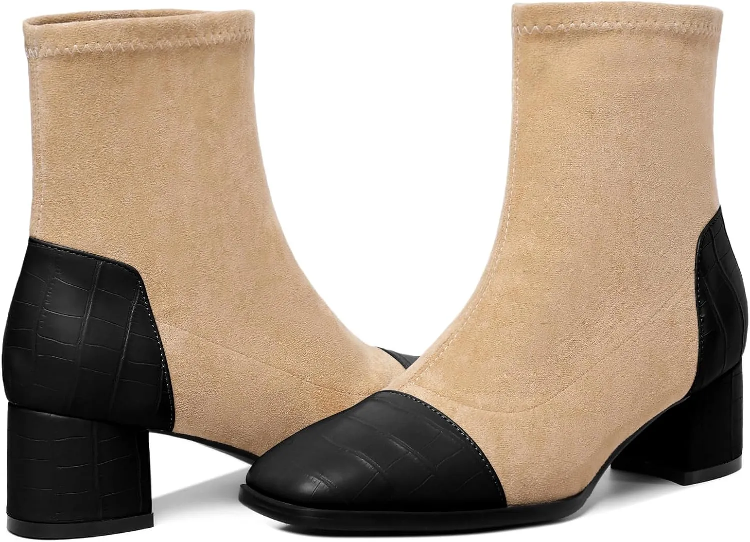 Esvowido Women's Ankle Boots Cap Toe Heels Square Toe Two Toned Block Low Heel Booties Slip on Suede Faux Crocodile Winter Boots