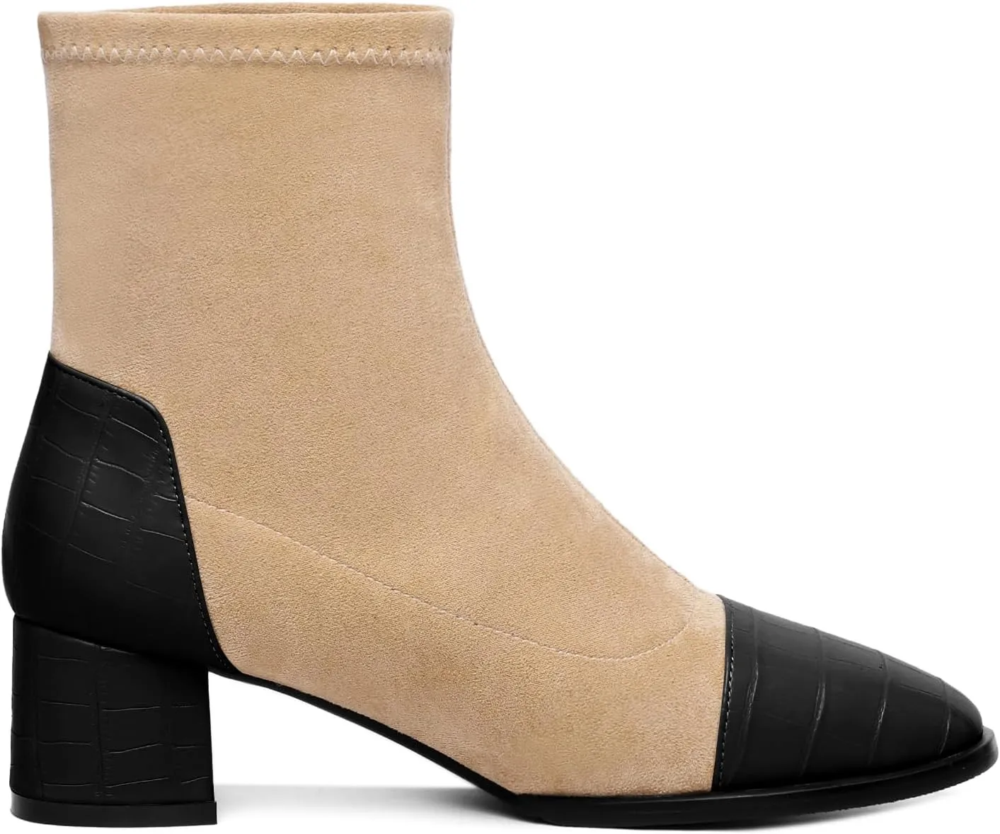 Esvowido Women's Ankle Boots Cap Toe Heels Square Toe Two Toned Block Low Heel Booties Slip on Suede Faux Crocodile Winter Boots