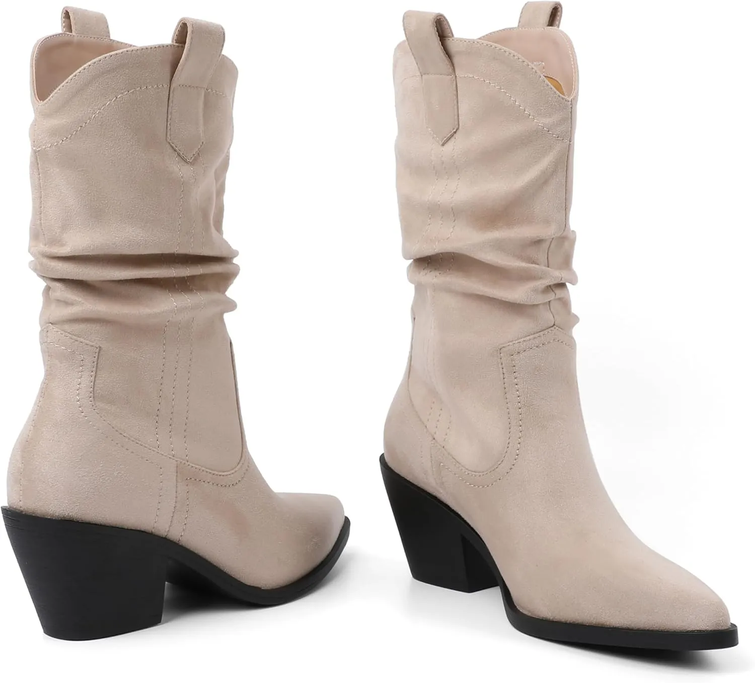 Esvowido Womens Slouchy Western Cowboy Cowgirl Retro Mid calf Boots Faux Suede Leather Stylish Booties Outdoor Travel