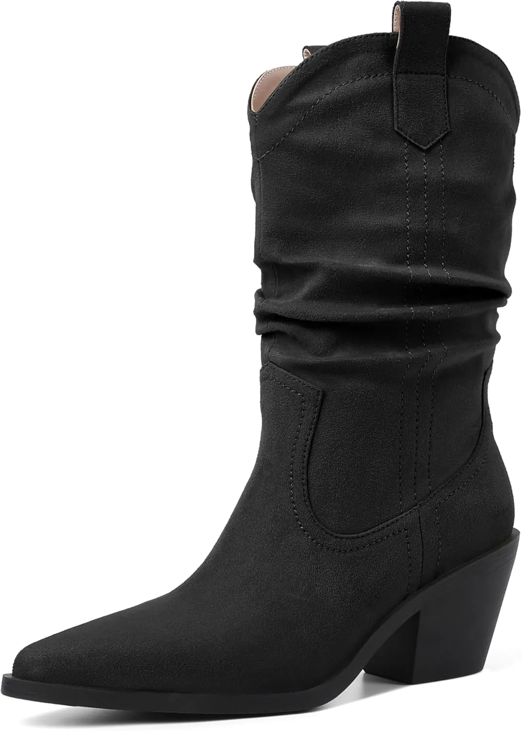 Esvowido Womens Slouchy Western Cowboy Cowgirl Retro Mid calf Boots Faux Suede Leather Stylish Booties Outdoor Travel