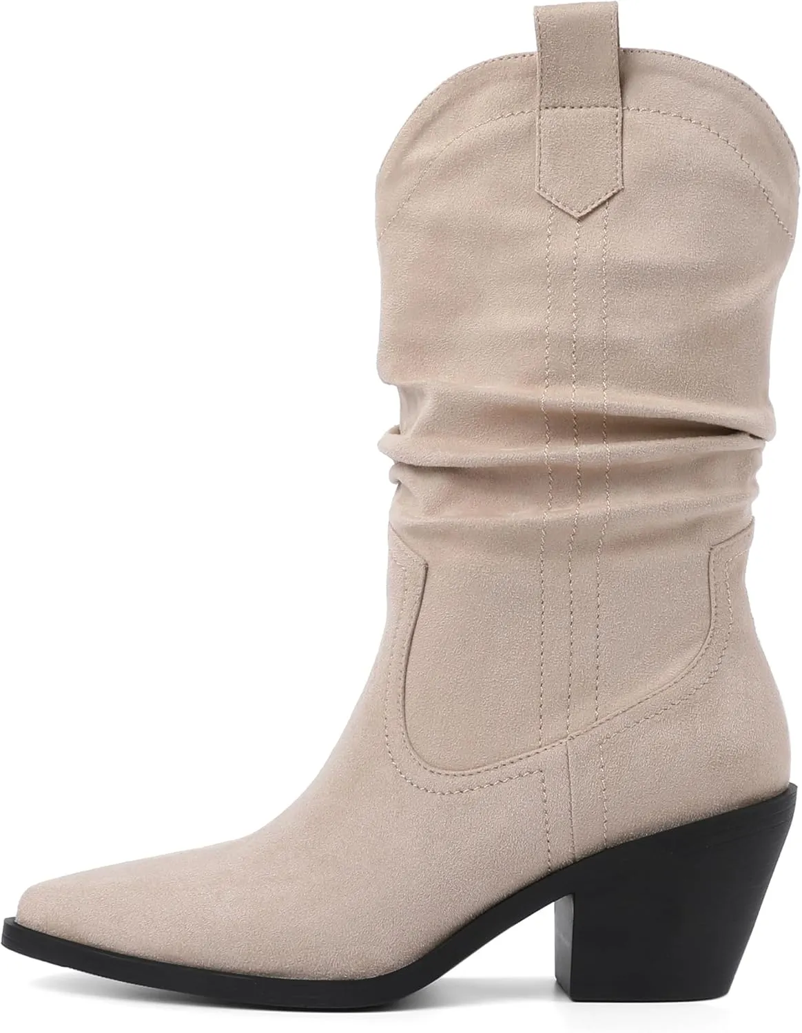 Esvowido Womens Slouchy Western Cowboy Cowgirl Retro Mid calf Boots Faux Suede Leather Stylish Booties Outdoor Travel