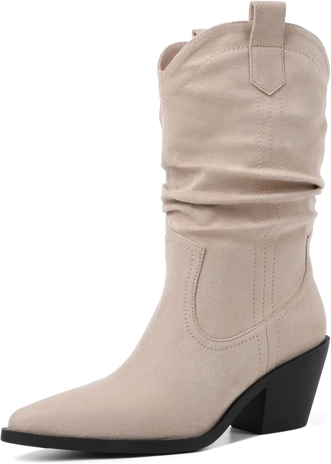 Esvowido Womens Slouchy Western Cowboy Cowgirl Retro Mid calf Boots Faux Suede Leather Stylish Booties Outdoor Travel