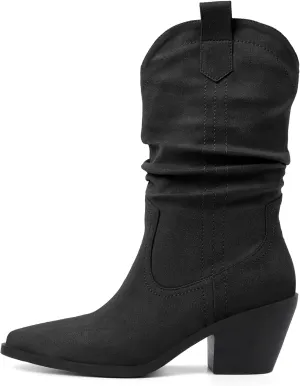 Esvowido Womens Slouchy Western Cowboy Cowgirl Retro Mid calf Boots Faux Suede Leather Stylish Booties Outdoor Travel