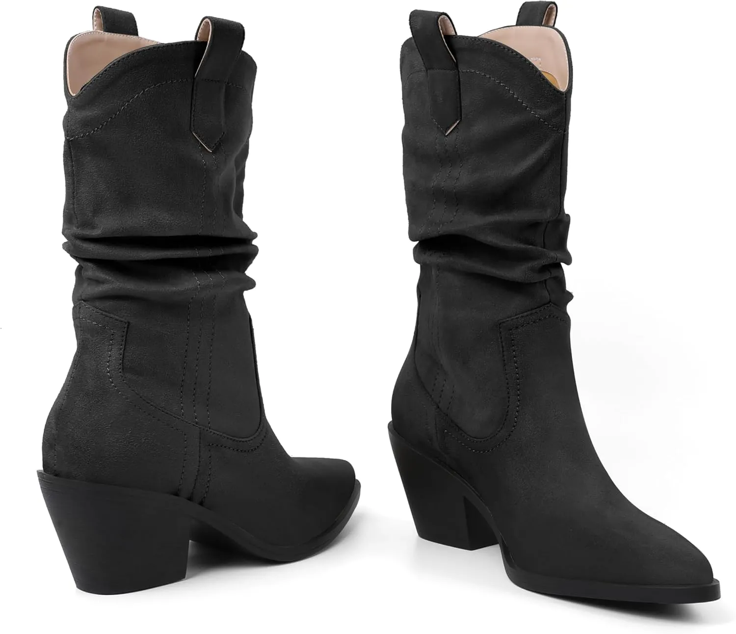 Esvowido Womens Slouchy Western Cowboy Cowgirl Retro Mid calf Boots Faux Suede Leather Stylish Booties Outdoor Travel