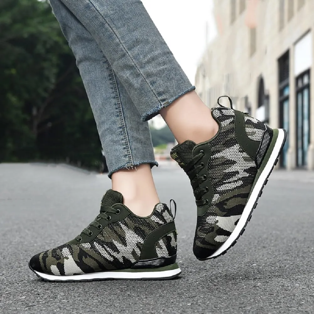 ESXGED Women's Fashion Camouflage Platform Canvas Sneakers Girl's Invisible Wedges Increase Heel Mesh-Cloth Casual Shoes