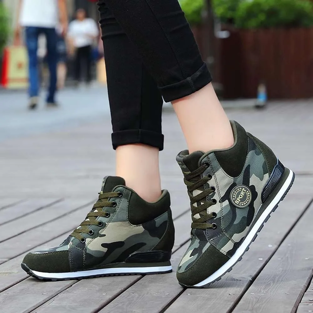 ESXGED Women's Fashion Camouflage Platform Canvas Sneakers Girl's Invisible Wedges Increase Heel Mesh-Cloth Casual Shoes