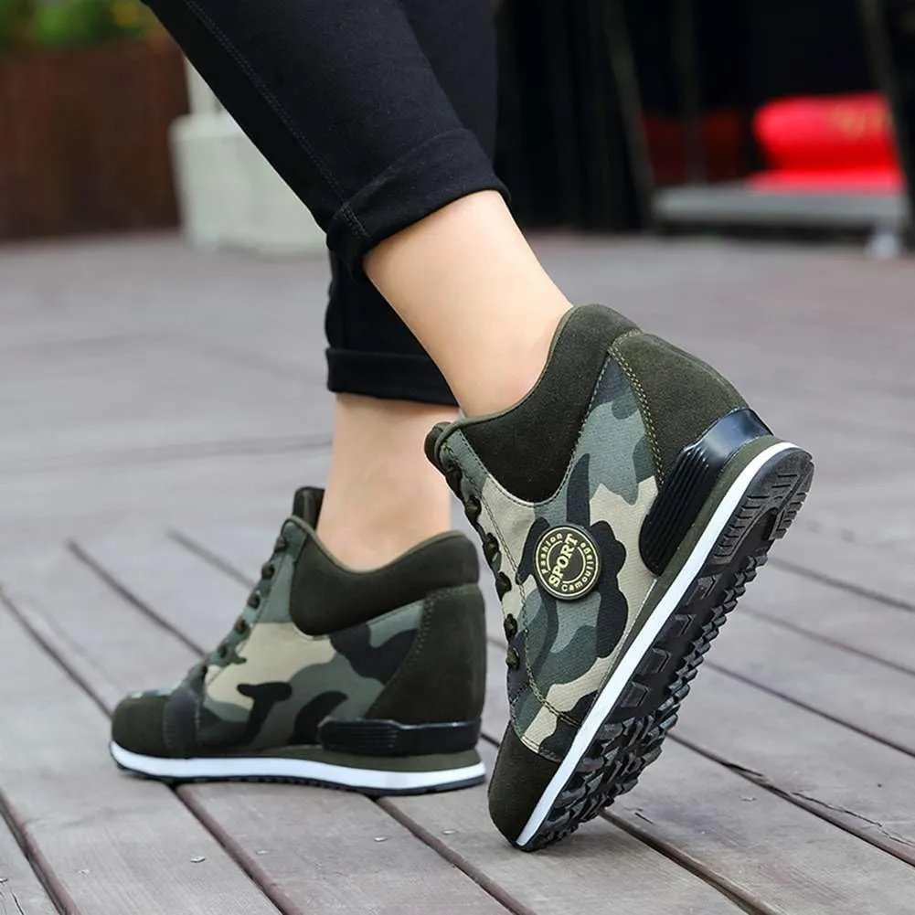 ESXGED Women's Fashion Camouflage Platform Canvas Sneakers Girl's Invisible Wedges Increase Heel Mesh-Cloth Casual Shoes
