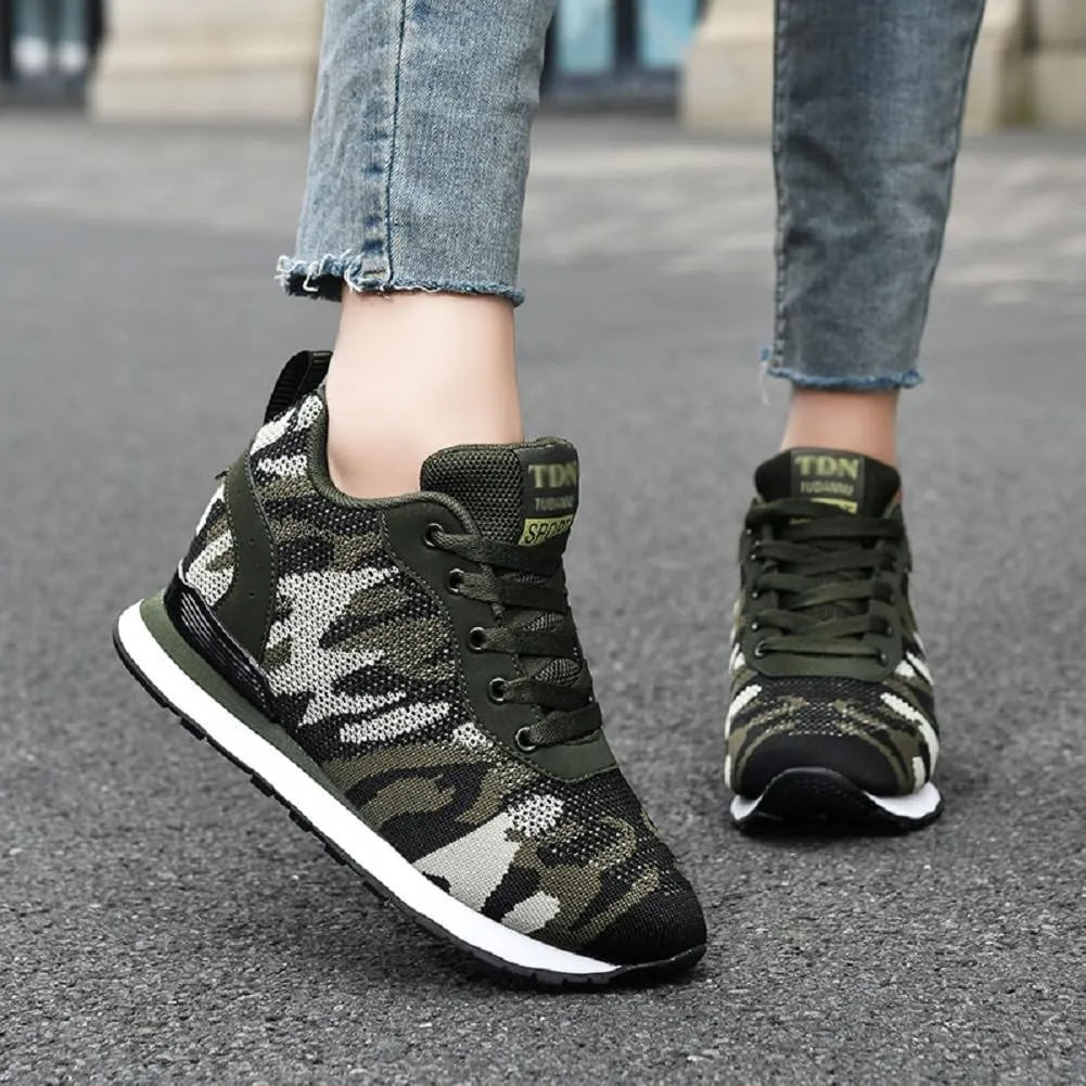 ESXGED Women's Fashion Camouflage Platform Canvas Sneakers Girl's Invisible Wedges Increase Heel Mesh-Cloth Casual Shoes