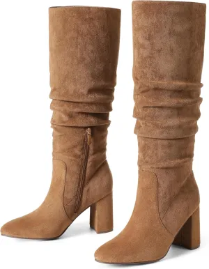 Eteridrey Knee High Boots Womens Chunky Heels Side Zipper Slouchy Boots Comfortable Faux Suede Riding Mid Calf Boots…