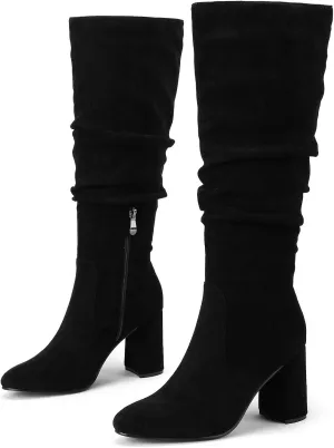 Eteridrey Knee High Boots Womens Chunky Heels Side Zipper Slouchy Boots Comfortable Faux Suede Riding Mid Calf Boots…
