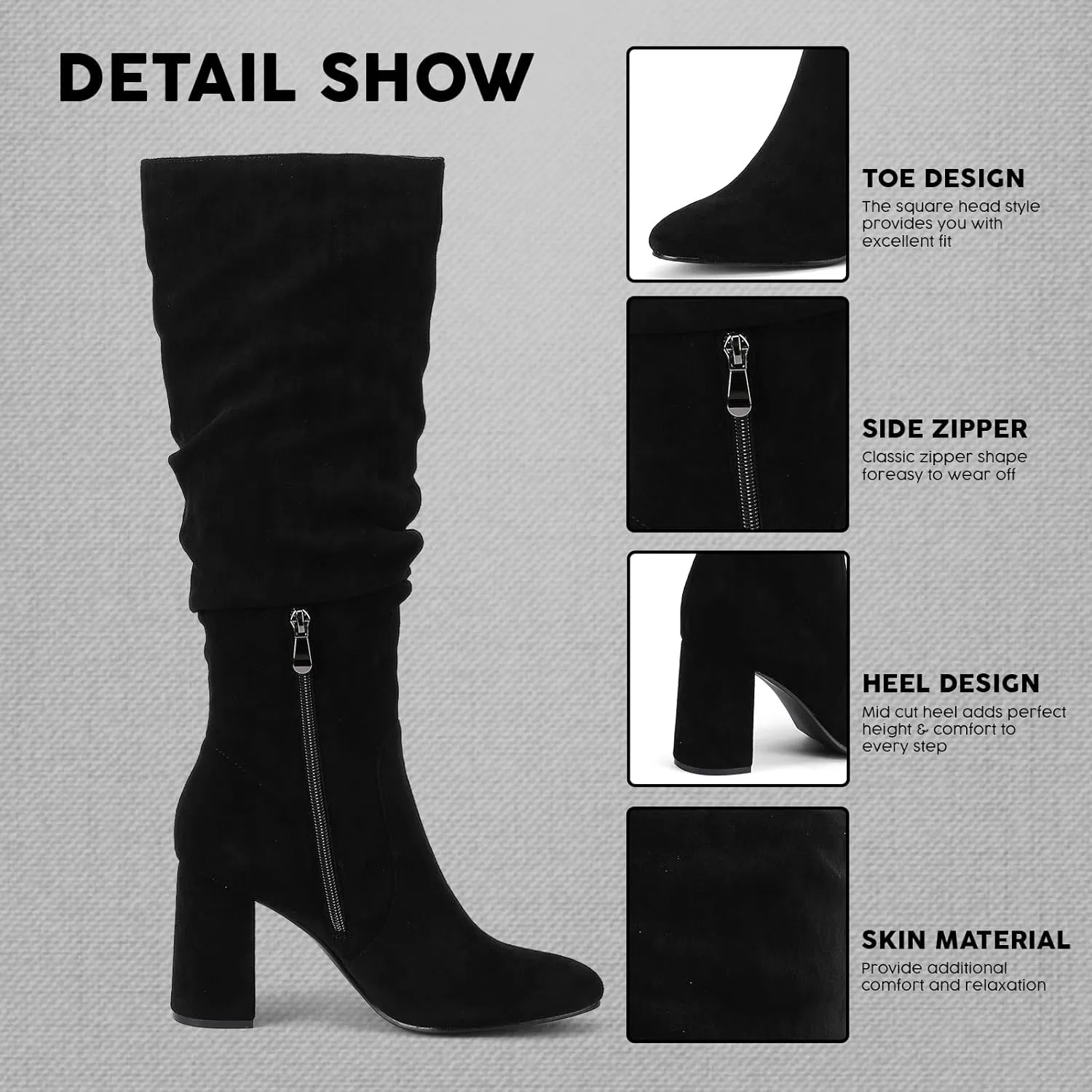 Eteridrey Knee High Boots Womens Chunky Heels Side Zipper Slouchy Boots Comfortable Faux Suede Riding Mid Calf Boots…