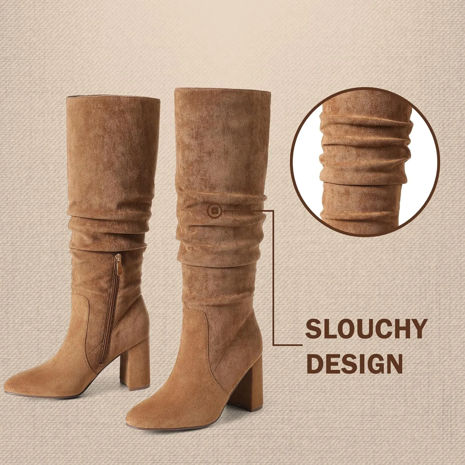 Eteridrey Knee High Boots Womens Chunky Heels Side Zipper Slouchy Boots Comfortable Faux Suede Riding Mid Calf Boots…