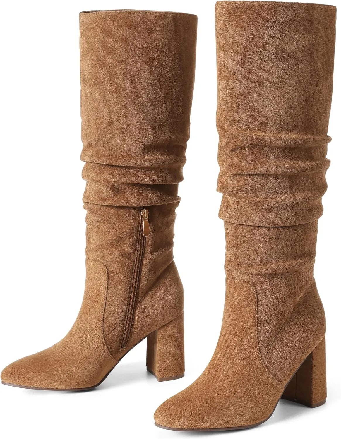 Eteridrey Knee High Boots Womens Chunky Heels Side Zipper Slouchy Boots Comfortable Faux Suede Riding Mid Calf Boots…