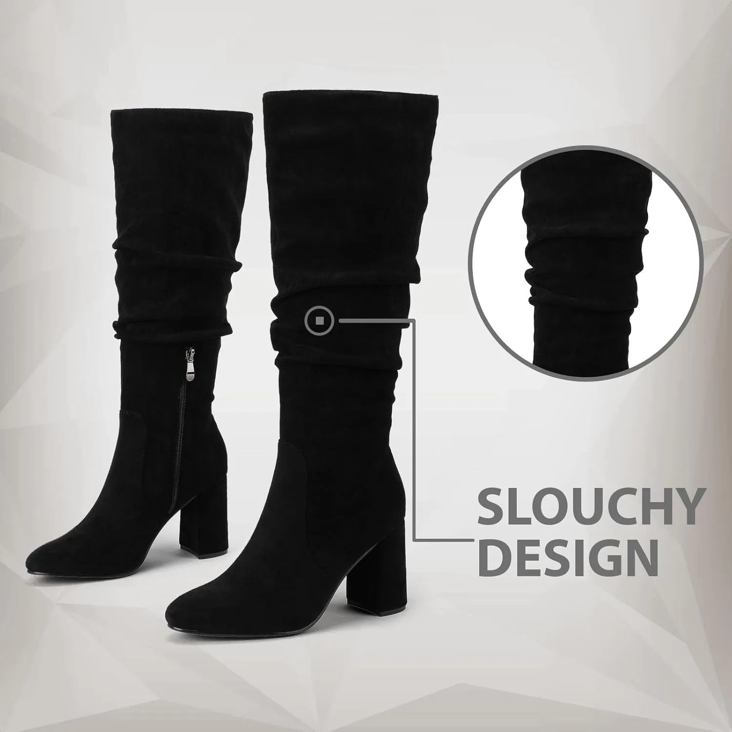 Eteridrey Knee High Boots Womens Chunky Heels Side Zipper Slouchy Boots Comfortable Faux Suede Riding Mid Calf Boots…