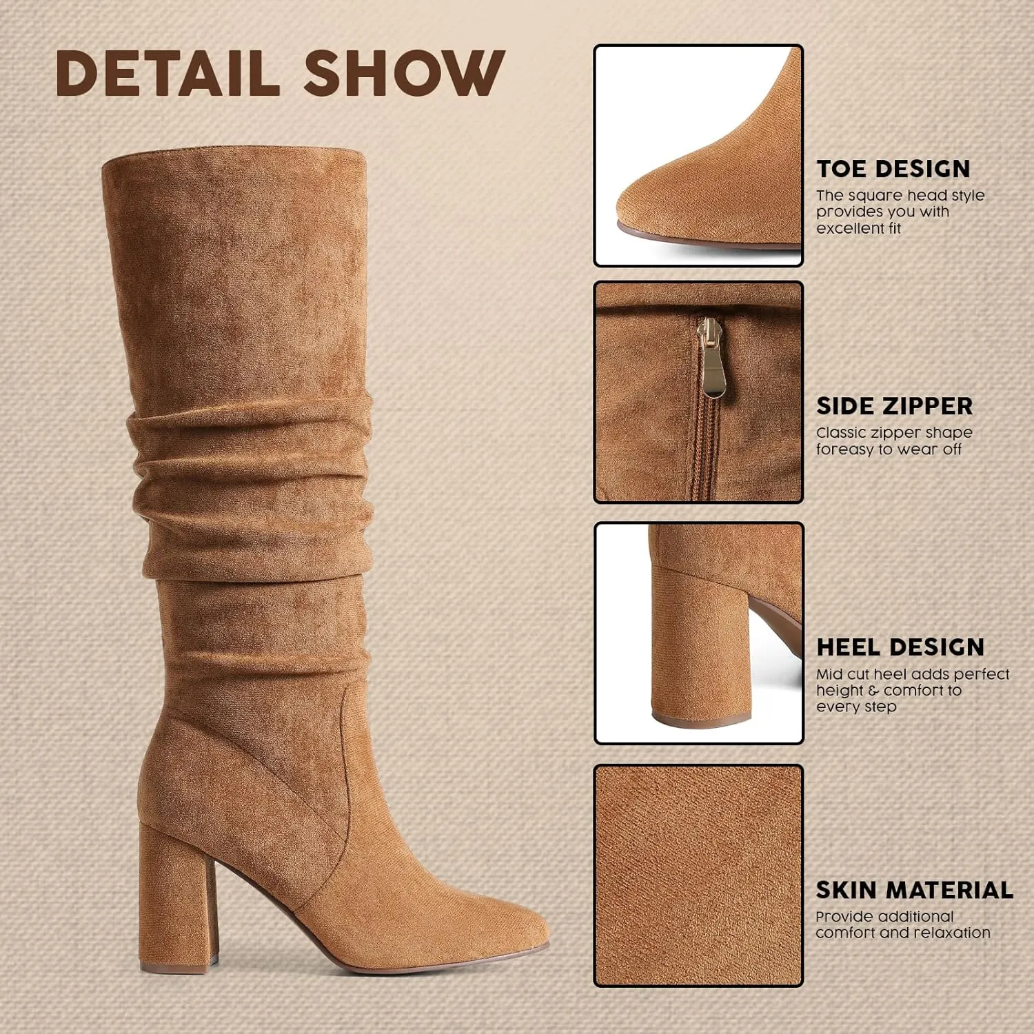 Eteridrey Knee High Boots Womens Chunky Heels Side Zipper Slouchy Boots Comfortable Faux Suede Riding Mid Calf Boots…