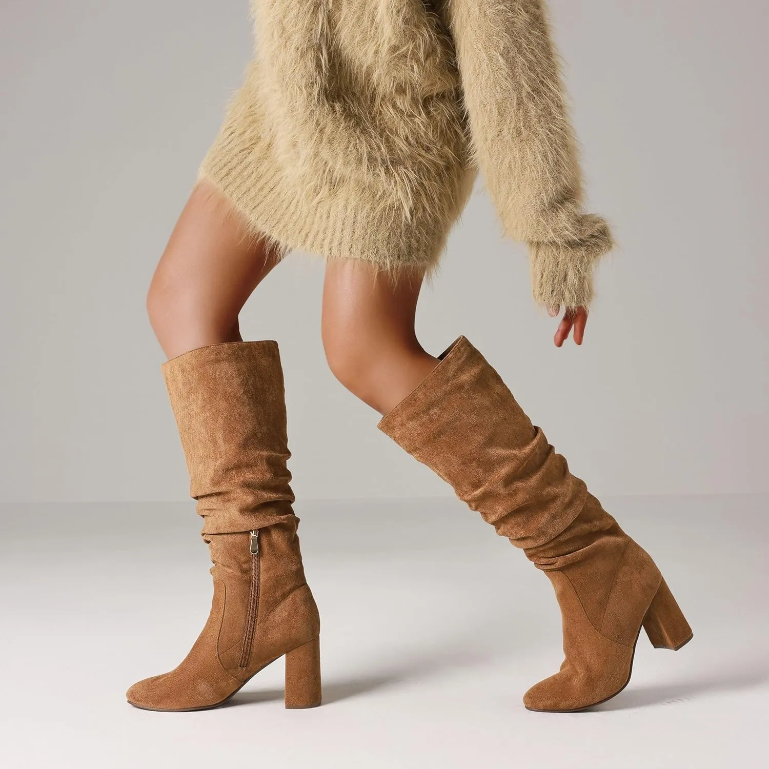 Eteridrey Knee High Boots Womens Chunky Heels Side Zipper Slouchy Boots Comfortable Faux Suede Riding Mid Calf Boots…