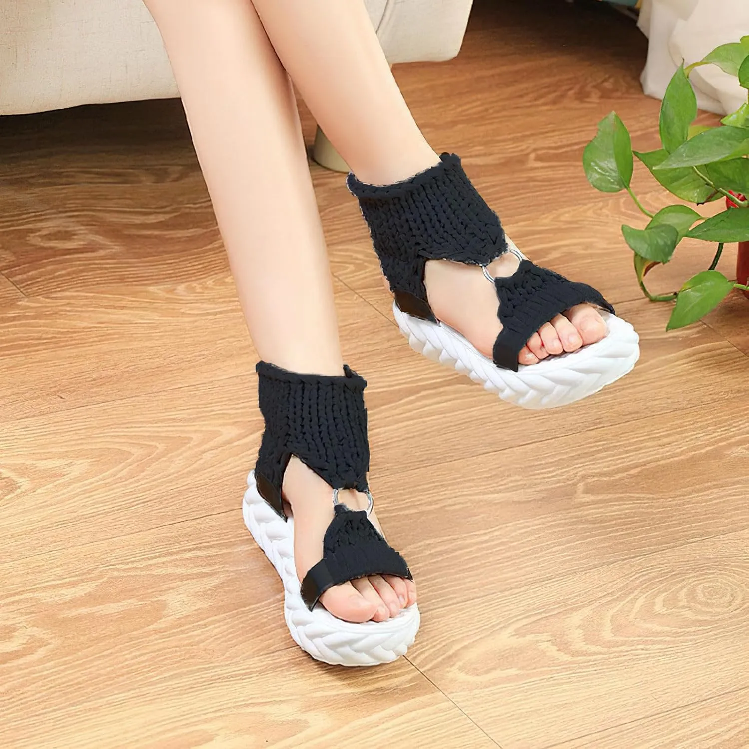 Exusiai Women's Crochet Platform Sandals - Comfy Wool Open Toe Casual Chunky Shoes Fashion Summer Beach Sandals