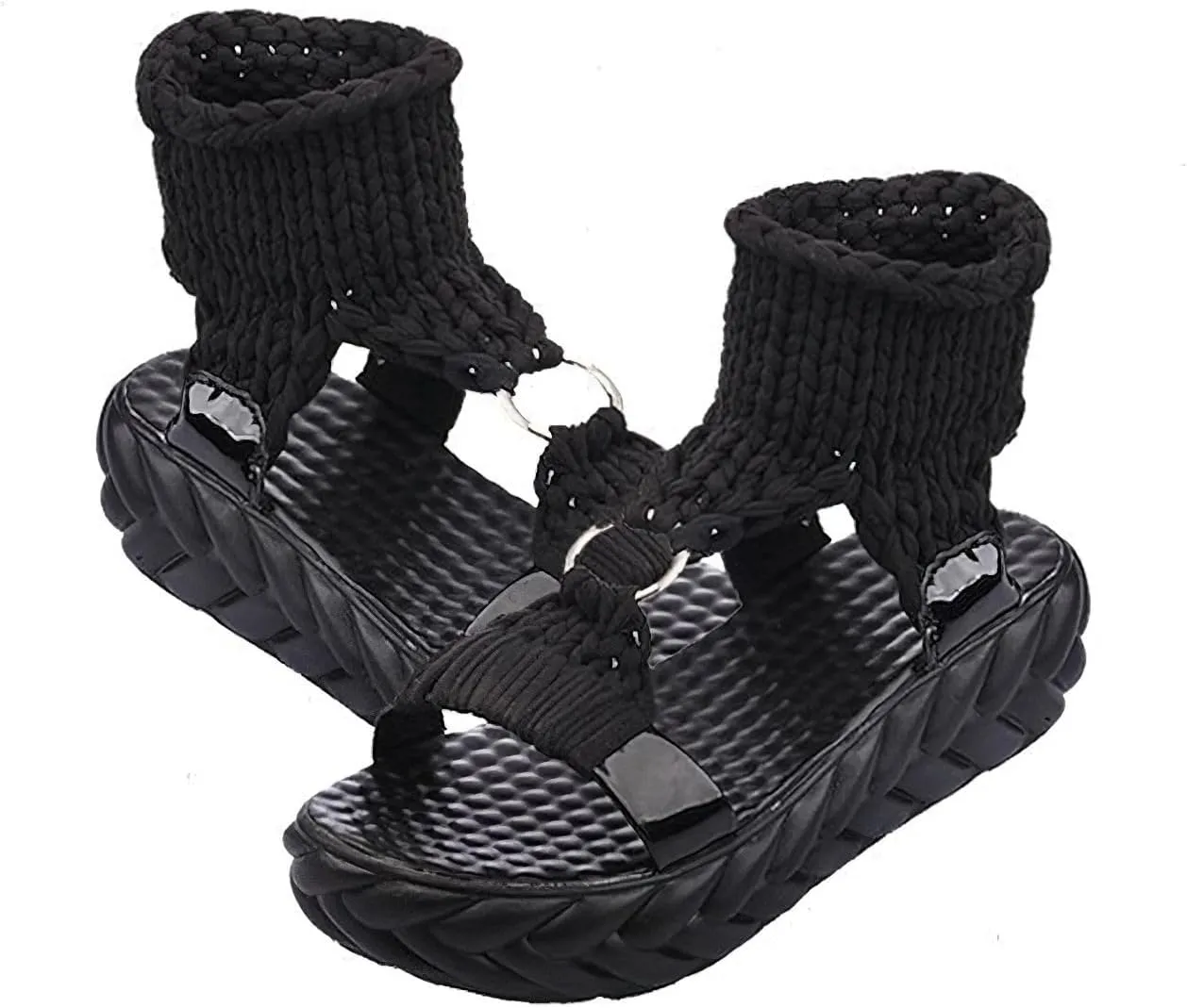Exusiai Women's Crochet Platform Sandals - Comfy Wool Open Toe Casual Chunky Shoes Fashion Summer Beach Sandals