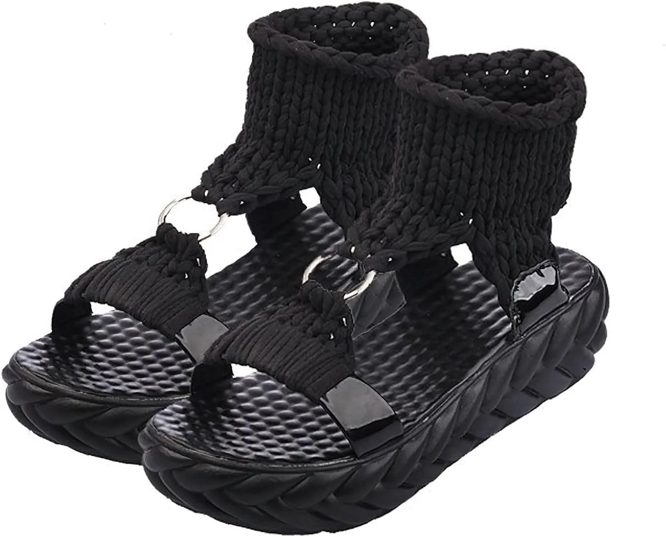 Exusiai Women's Crochet Platform Sandals - Comfy Wool Open Toe Casual Chunky Shoes Fashion Summer Beach Sandals