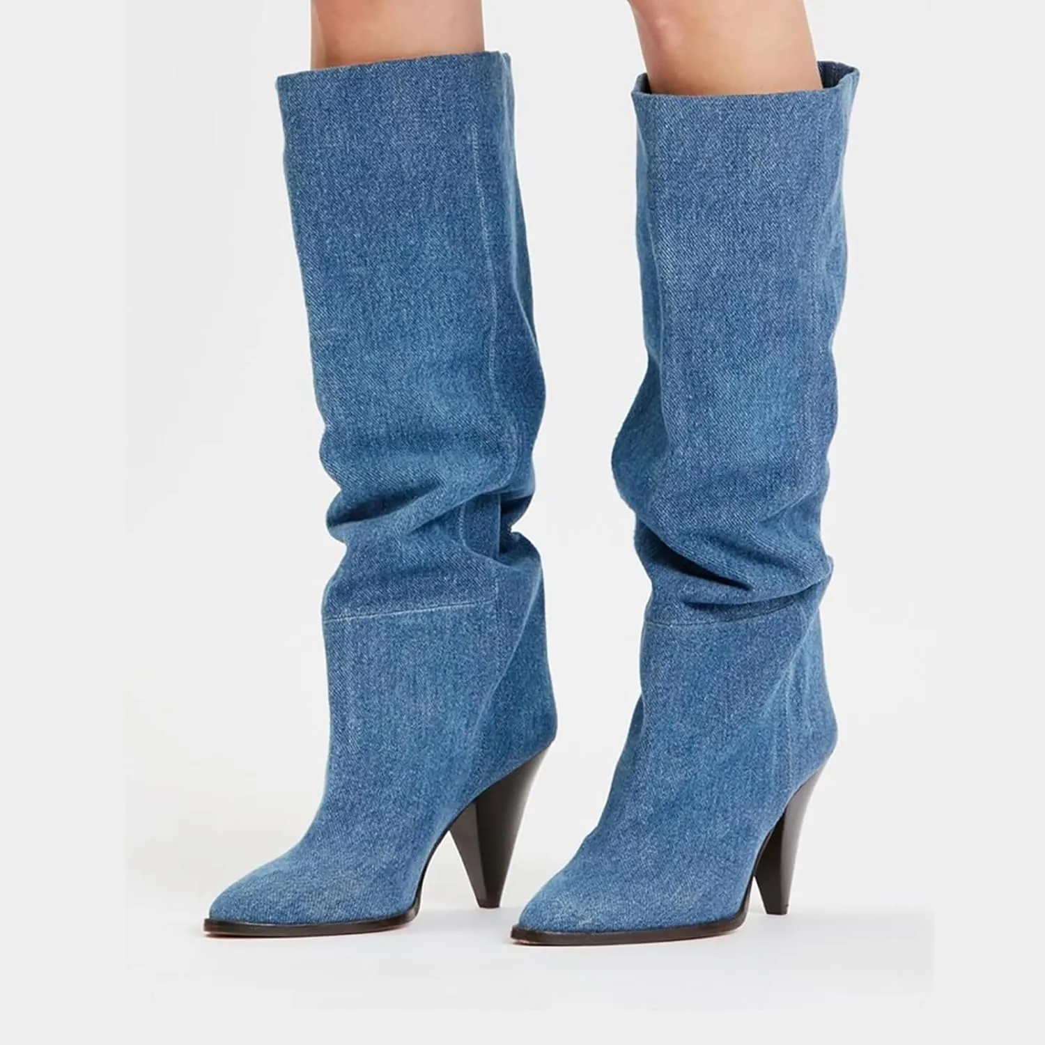 Fall tan Knee high boots for women pointed toe blue denim boot high heel black wide calf suede boots Beige heeled Booties Oversized shoes