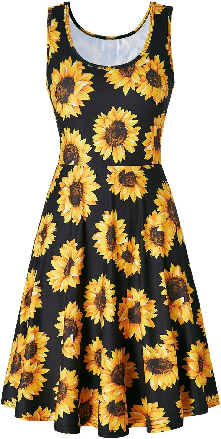 Fanient Womens Sleeveless Dress Casual Print Scoop Neck Sundress A Line Midi Dresses