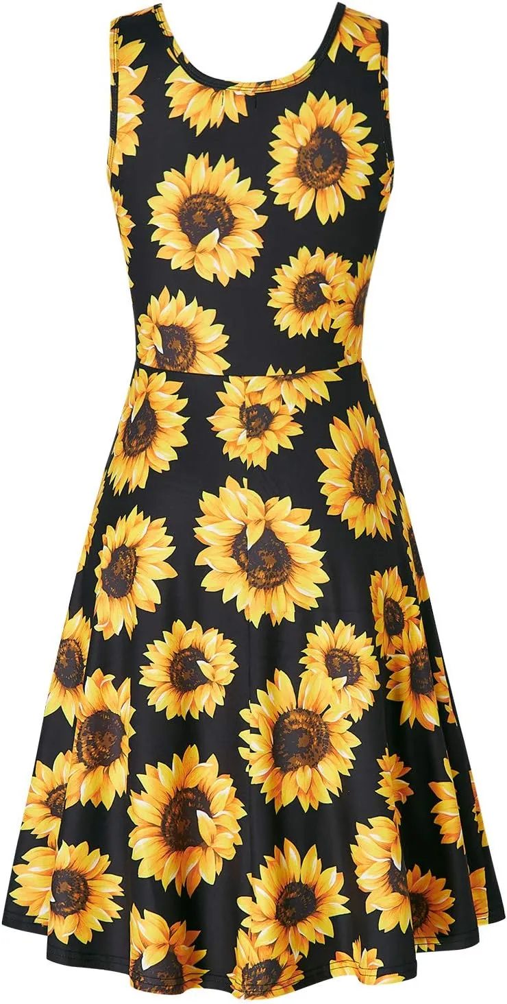 Fanient Womens Sleeveless Dress Casual Print Scoop Neck Sundress A Line Midi Dresses