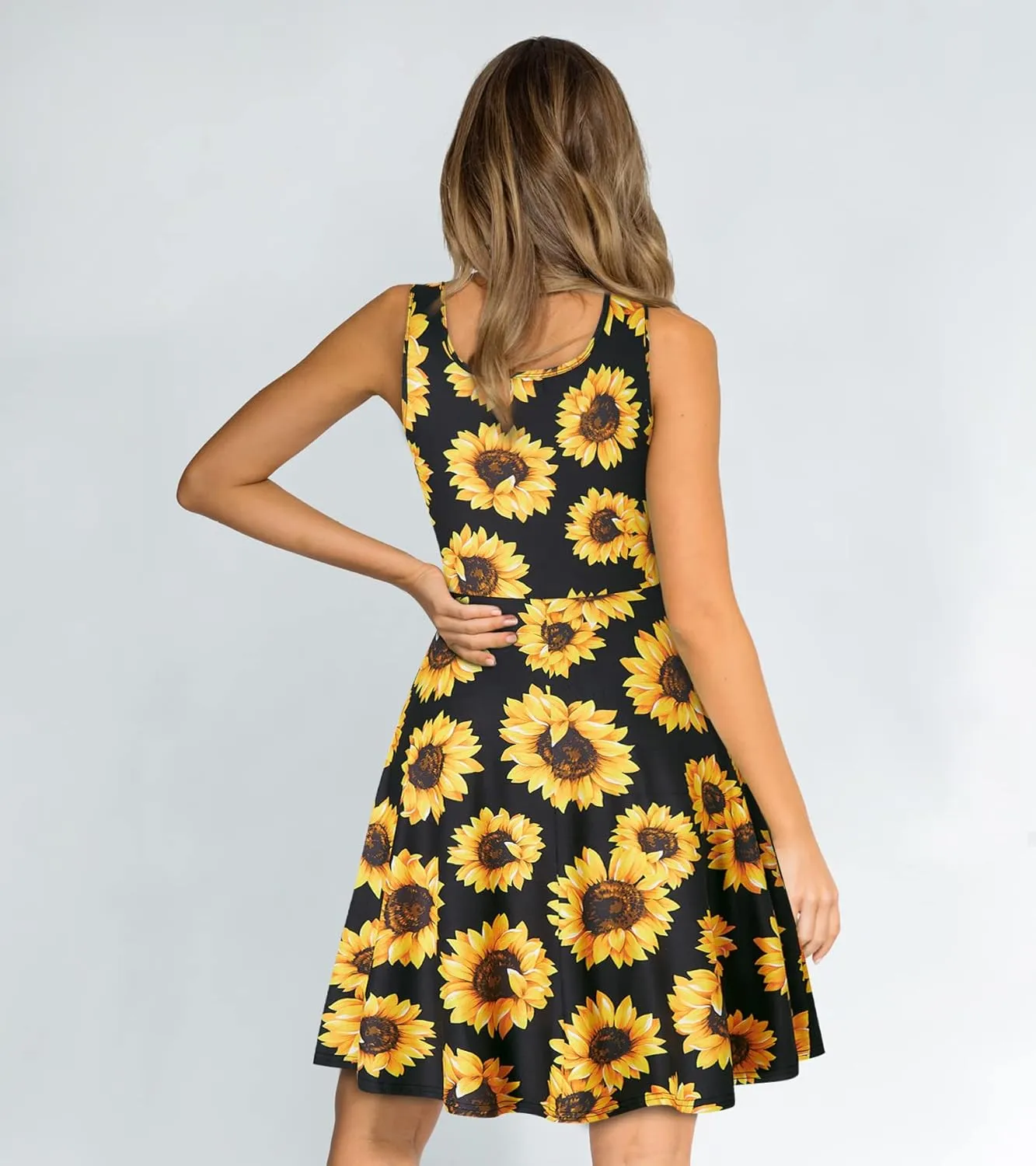 Fanient Womens Sleeveless Dress Casual Print Scoop Neck Sundress A Line Midi Dresses