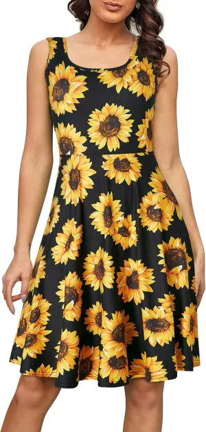 Fanient Womens Sleeveless Dress Casual Print Scoop Neck Sundress A Line Midi Dresses