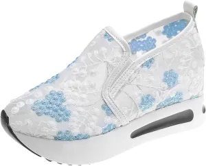 Fashion Sneakers for Women Platform Wedge Sneakers Floral Embroidery Breathable Sheer Mesh Lace Sneaker Mesh Air Comfort Chunky Sole Hidden High Heels Slip On Loafers Dressy Casual Walking Shoes