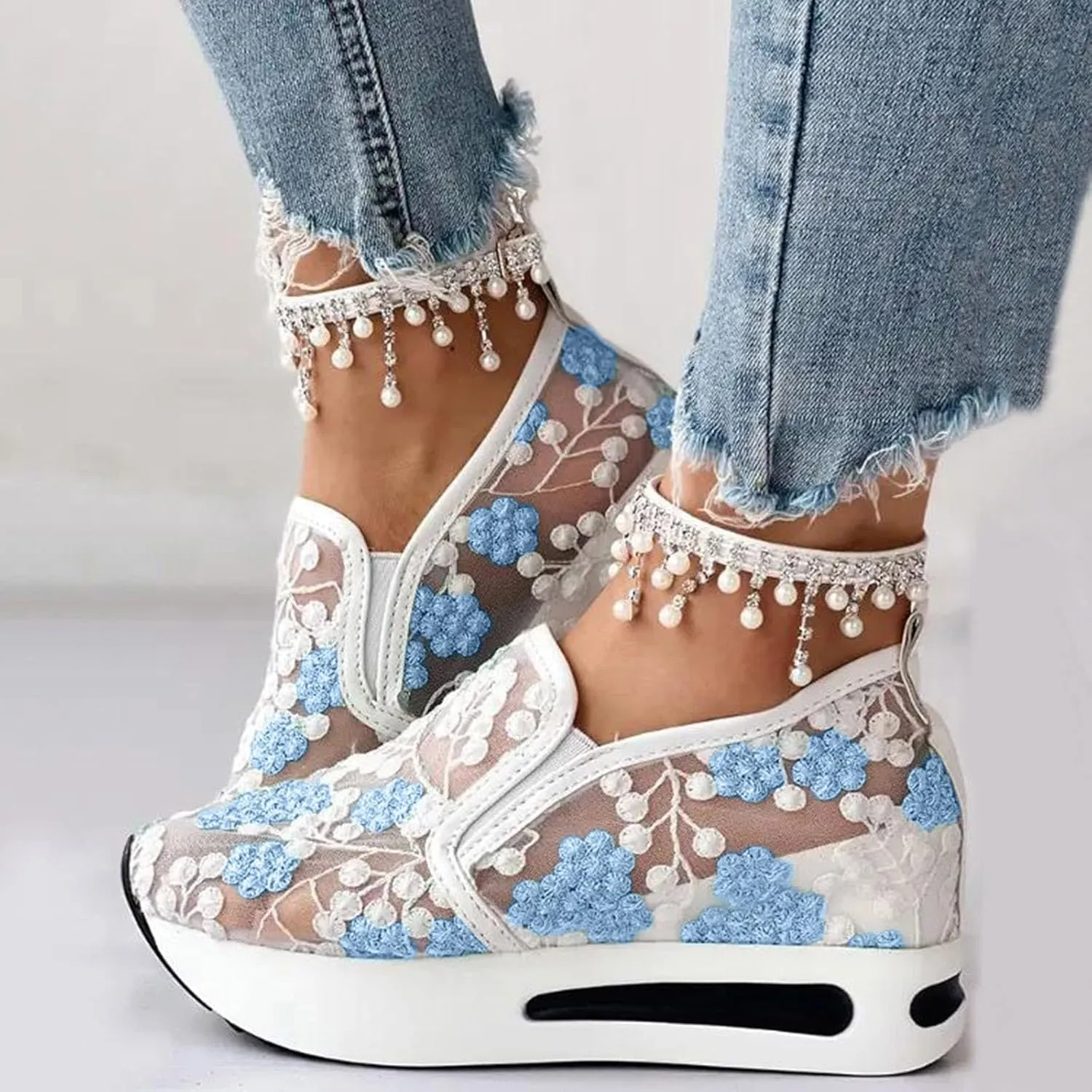 Fashion Sneakers for Women Platform Wedge Sneakers Floral Embroidery Breathable Sheer Mesh Lace Sneaker Mesh Air Comfort Chunky Sole Hidden High Heels Slip On Loafers Dressy Casual Walking Shoes