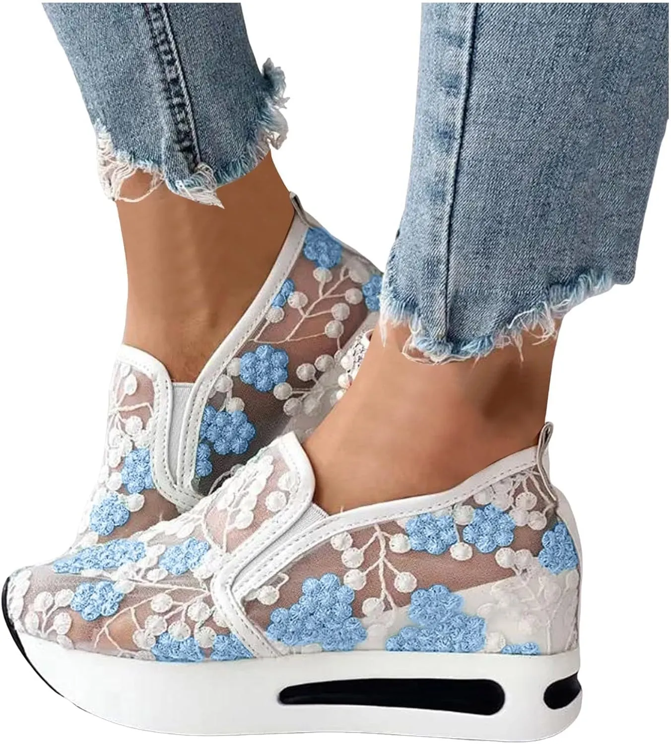 Fashion Sneakers for Women Platform Wedge Sneakers Floral Embroidery Breathable Sheer Mesh Lace Sneaker Mesh Air Comfort Chunky Sole Hidden High Heels Slip On Loafers Dressy Casual Walking Shoes