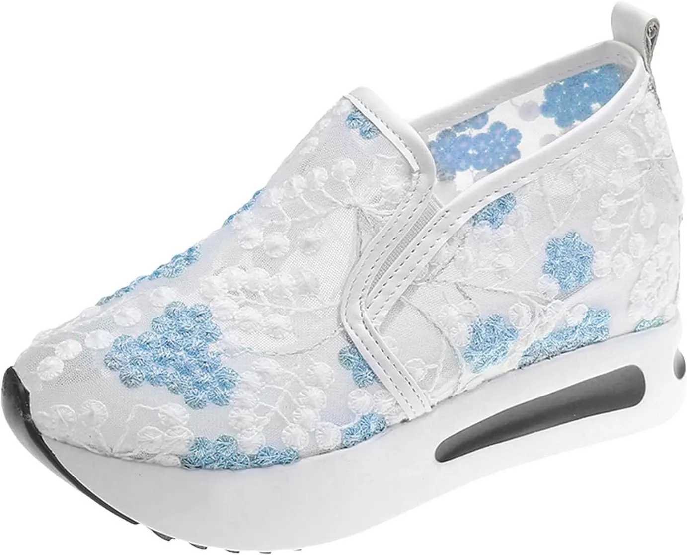 Fashion Sneakers for Women Platform Wedge Sneakers Floral Embroidery Breathable Sheer Mesh Lace Sneaker Mesh Air Comfort Chunky Sole Hidden High Heels Slip On Loafers Dressy Casual Walking Shoes