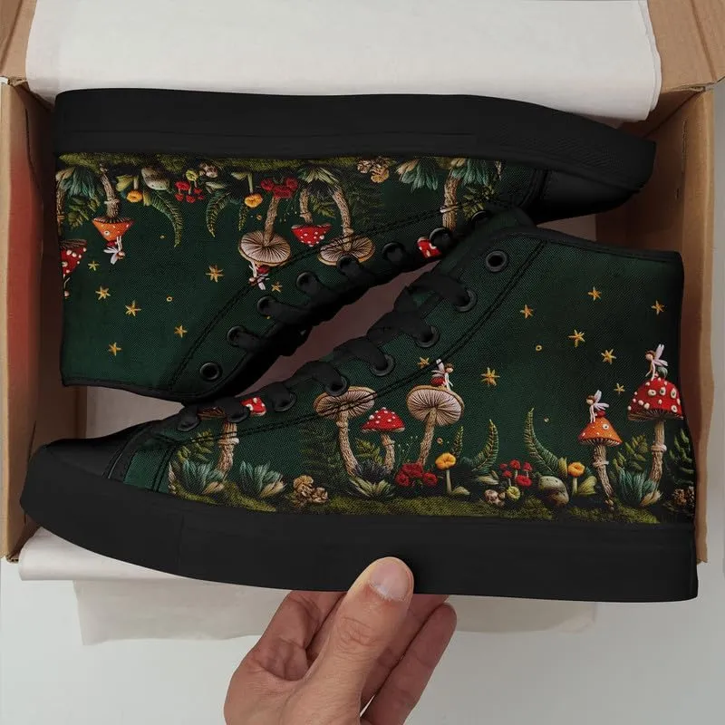 Fashion Women High-Top Canvas Shoes Men's Print Mushroom Floral Plant Lace-up Flat Stylish Gift Sneaker Couple Shoes
