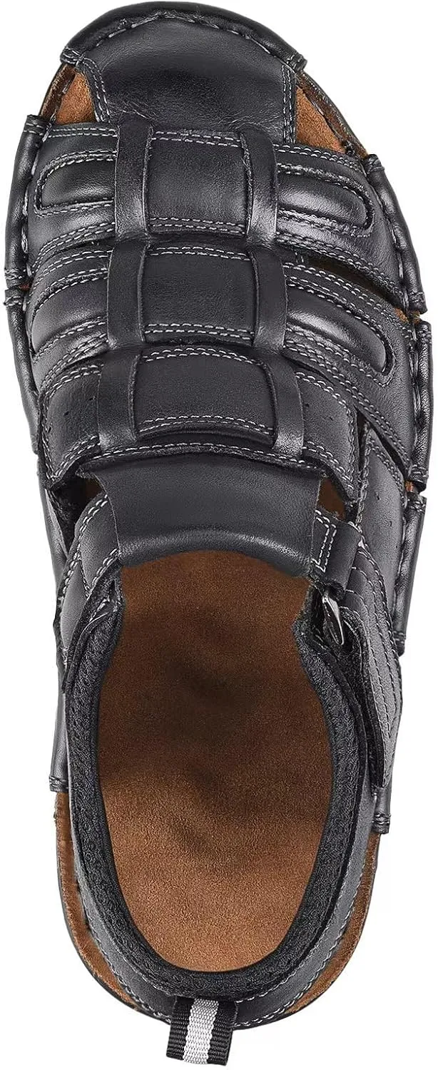 FIEEIF Men's Sport Sandals Closed Toe Leather Fisherman Outdoor Arch Support Sandalias Non-Slip Sport Athletic Walking Traveling Shoes