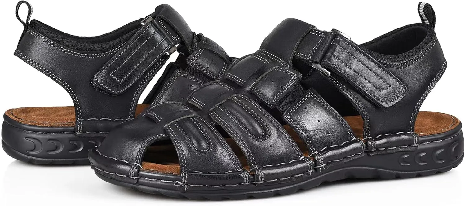 FIEEIF Men's Sport Sandals Closed Toe Leather Fisherman Outdoor Arch Support Sandalias Non-Slip Sport Athletic Walking Traveling Shoes