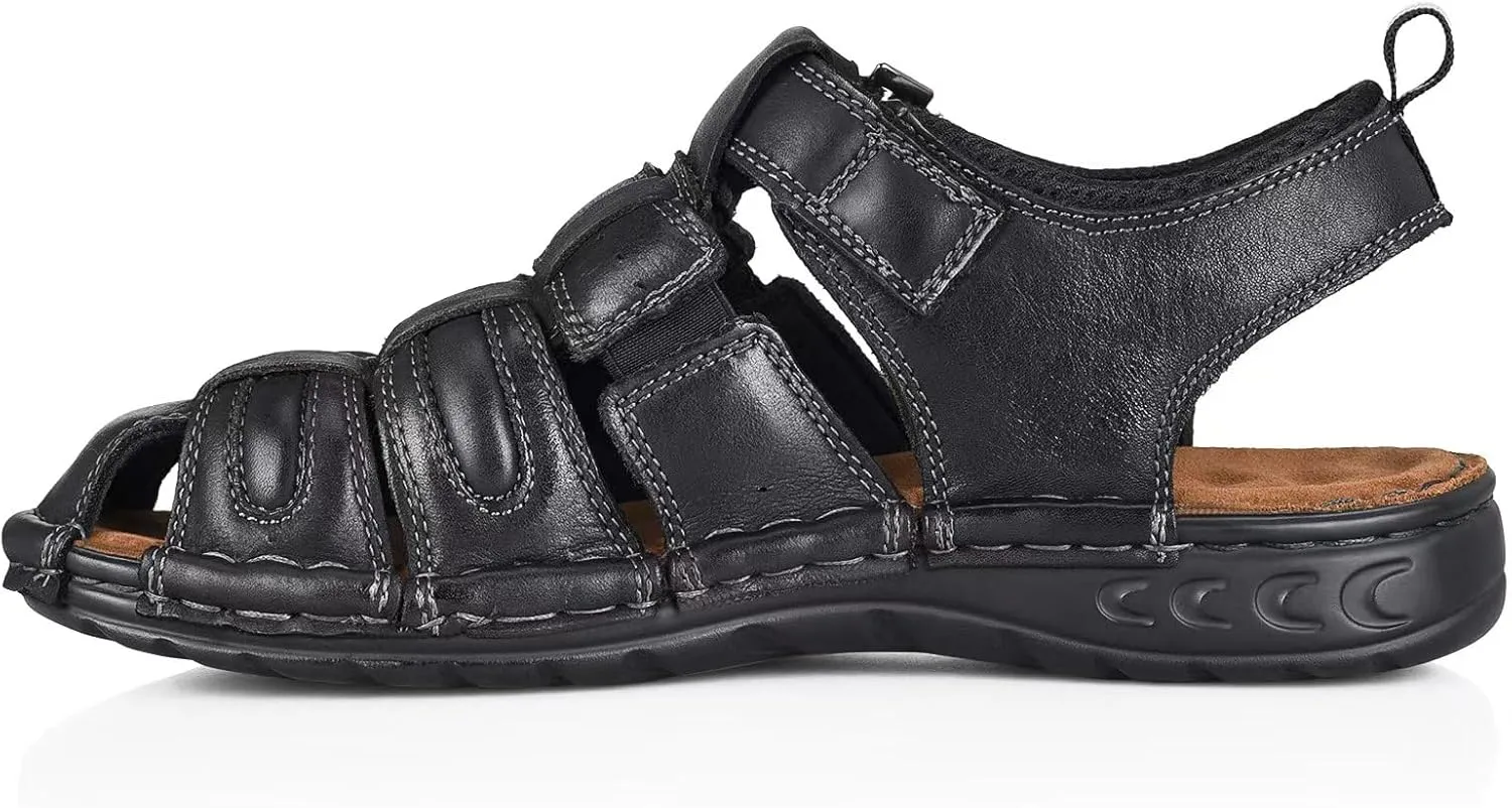 FIEEIF Men's Sport Sandals Closed Toe Leather Fisherman Outdoor Arch Support Sandalias Non-Slip Sport Athletic Walking Traveling Shoes