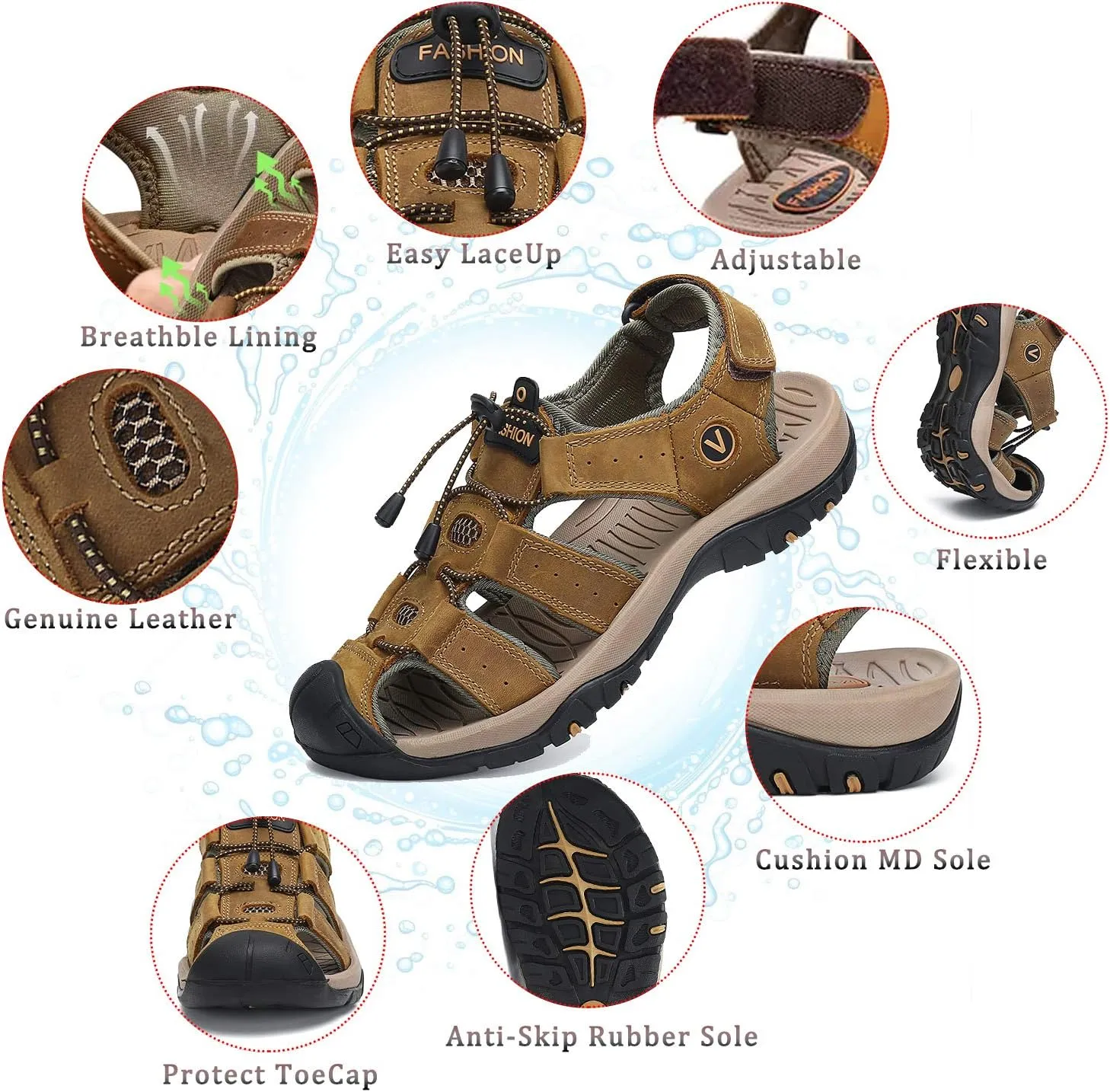 FLARUT Men's Sport Sandals Outdoor Hiking Sandals Closed Toe Leather Athletic Lightweight Trail Walking Casual Sandals Water Shoes
