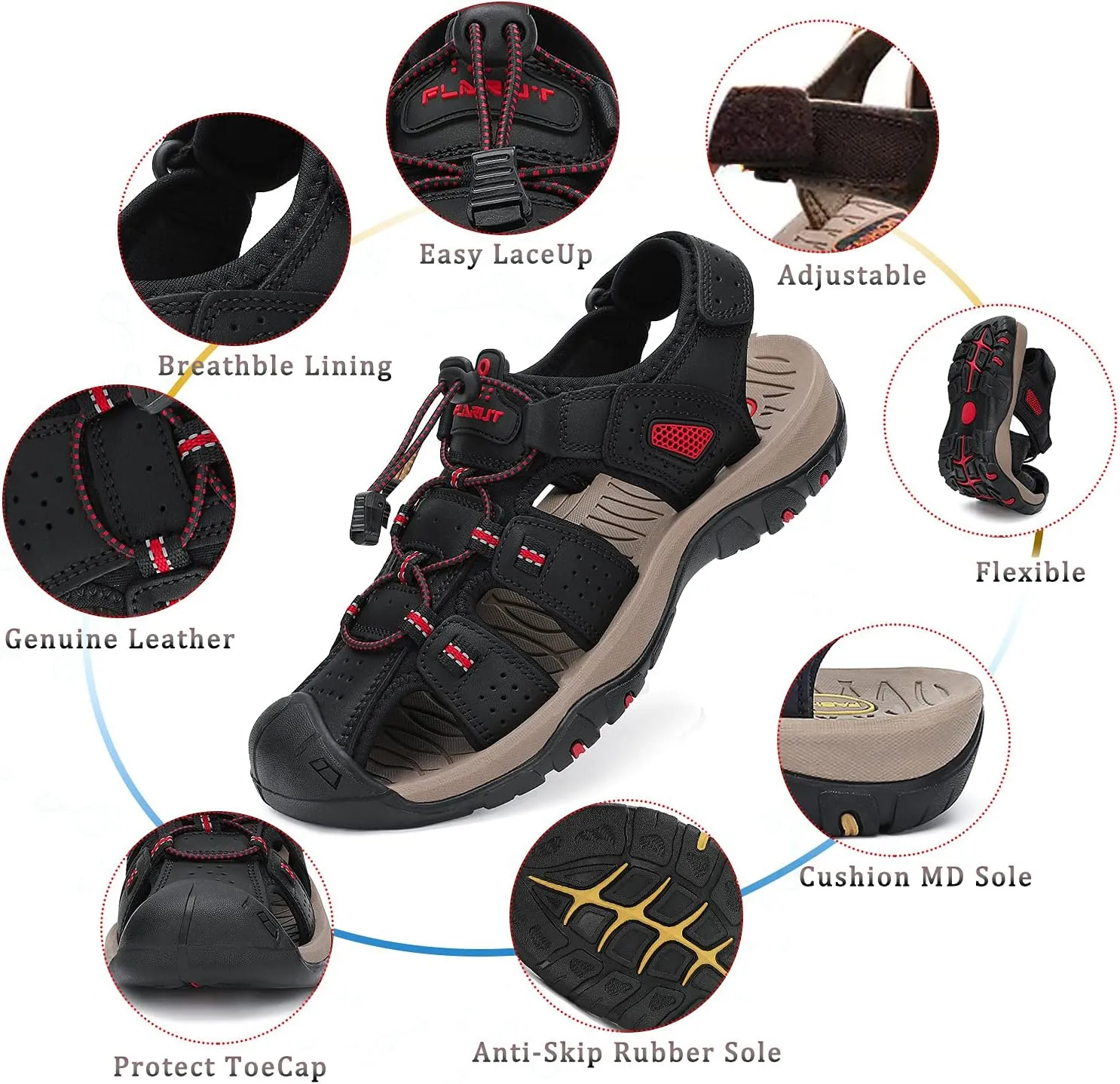 FLARUT Men's Sport Sandals Outdoor Hiking Sandals Closed Toe Leather Athletic Lightweight Trail Walking Casual Sandals Water Shoes
