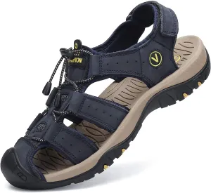 FLARUT Men's Sport Sandals Outdoor Hiking Sandals Closed Toe Leather Athletic Lightweight Trail Walking Casual Sandals Water Shoes