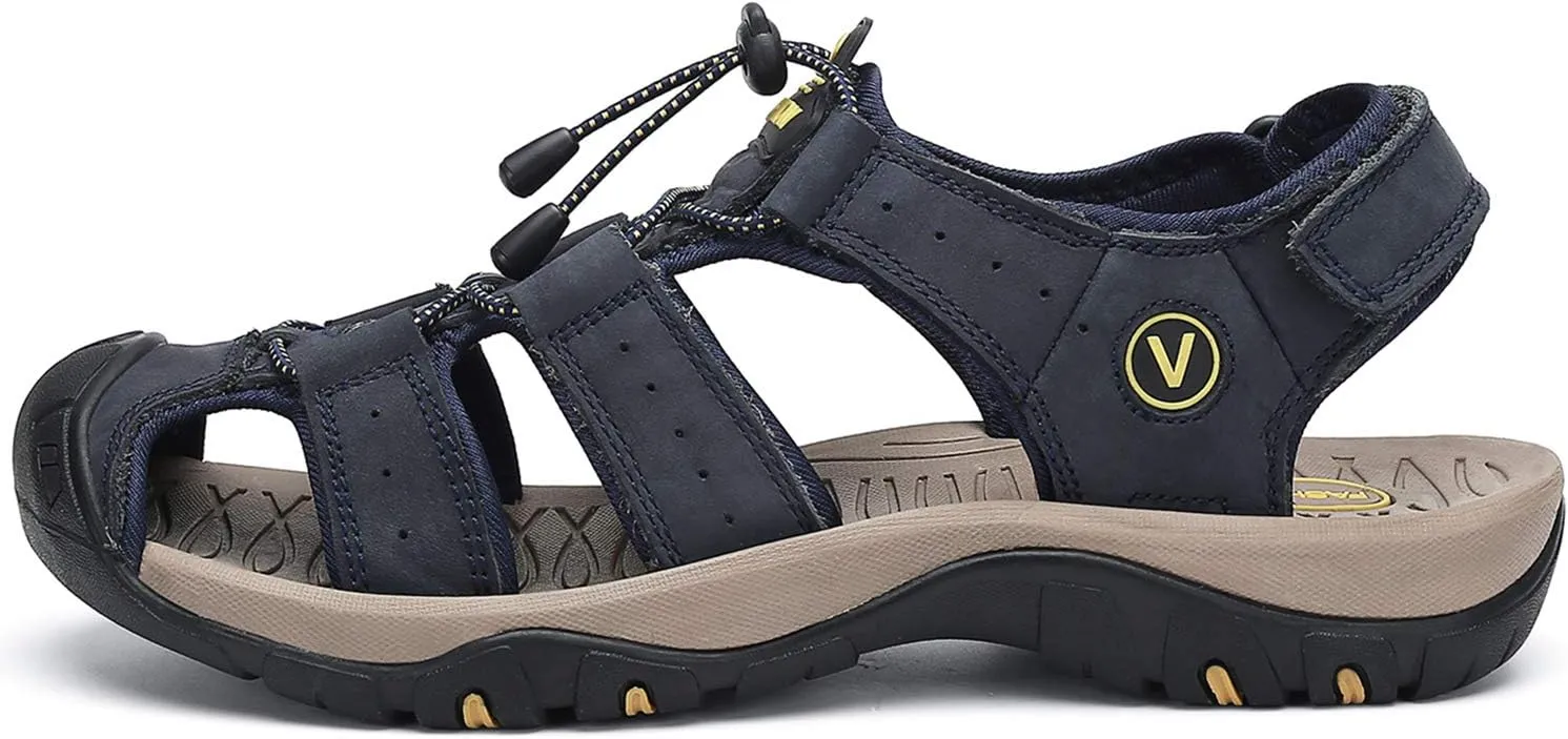 FLARUT Men's Sport Sandals Outdoor Hiking Sandals Closed Toe Leather Athletic Lightweight Trail Walking Casual Sandals Water Shoes