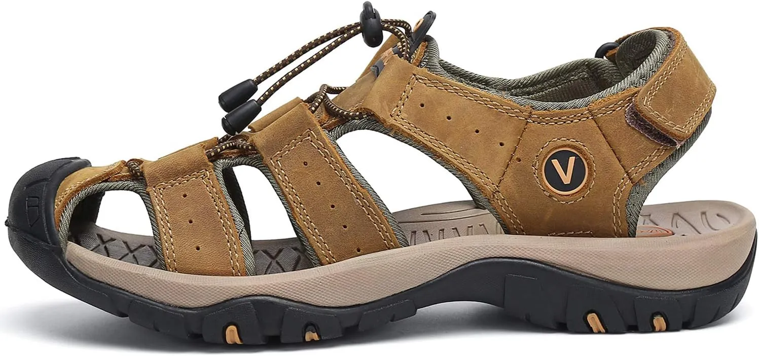 FLARUT Men's Sport Sandals Outdoor Hiking Sandals Closed Toe Leather Athletic Lightweight Trail Walking Casual Sandals Water Shoes