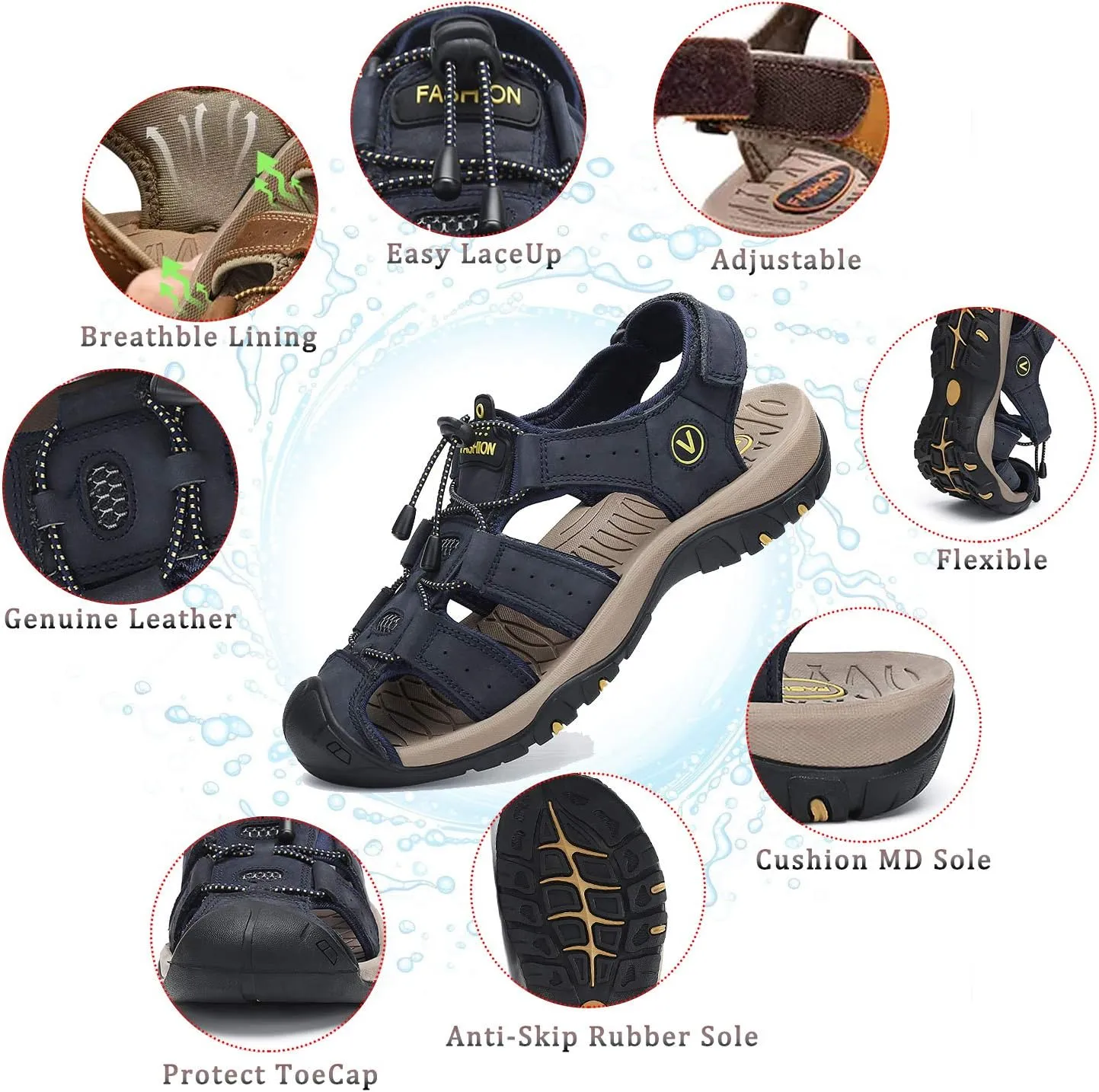 FLARUT Men's Sport Sandals Outdoor Hiking Sandals Closed Toe Leather Athletic Lightweight Trail Walking Casual Sandals Water Shoes