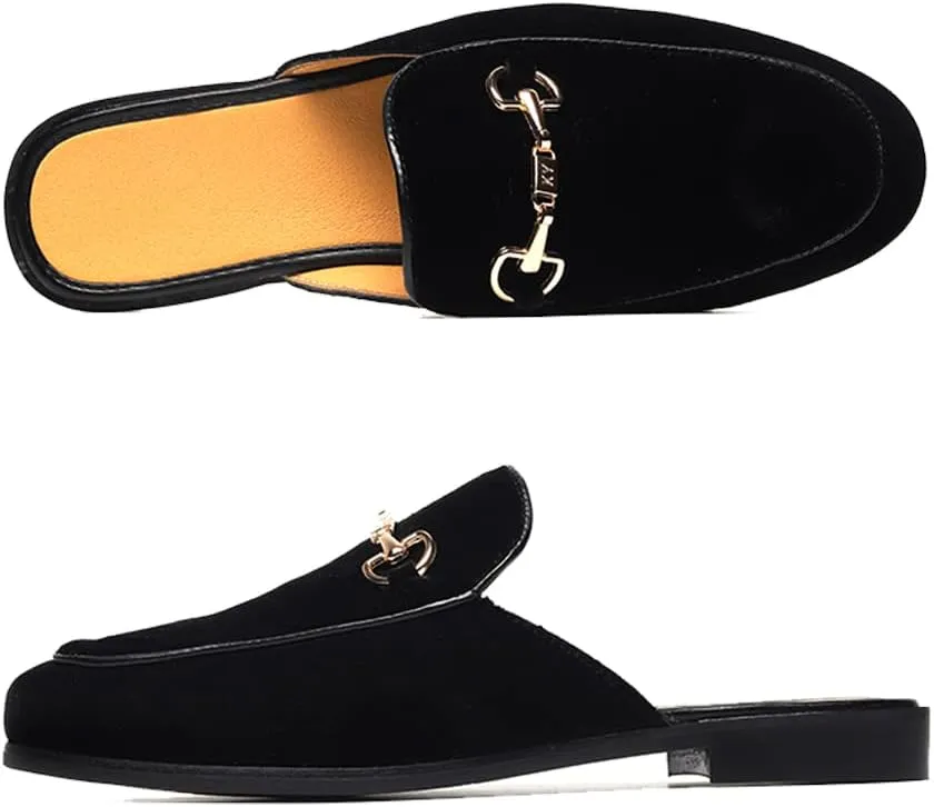 FLQL Mens Shoes Luxury Velvet Gold Buckle Slip-on Penny Loafers Casual Smoking Slippers Indoor Outdoor Sandals Black Size 7-13