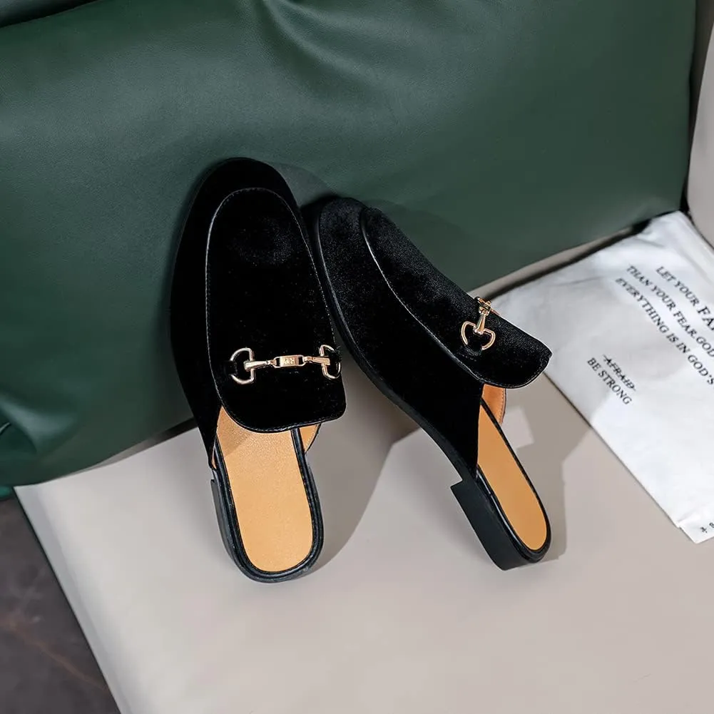 FLQL Mens Shoes Luxury Velvet Gold Buckle Slip-on Penny Loafers Casual Smoking Slippers Indoor Outdoor Sandals Black Size 7-13