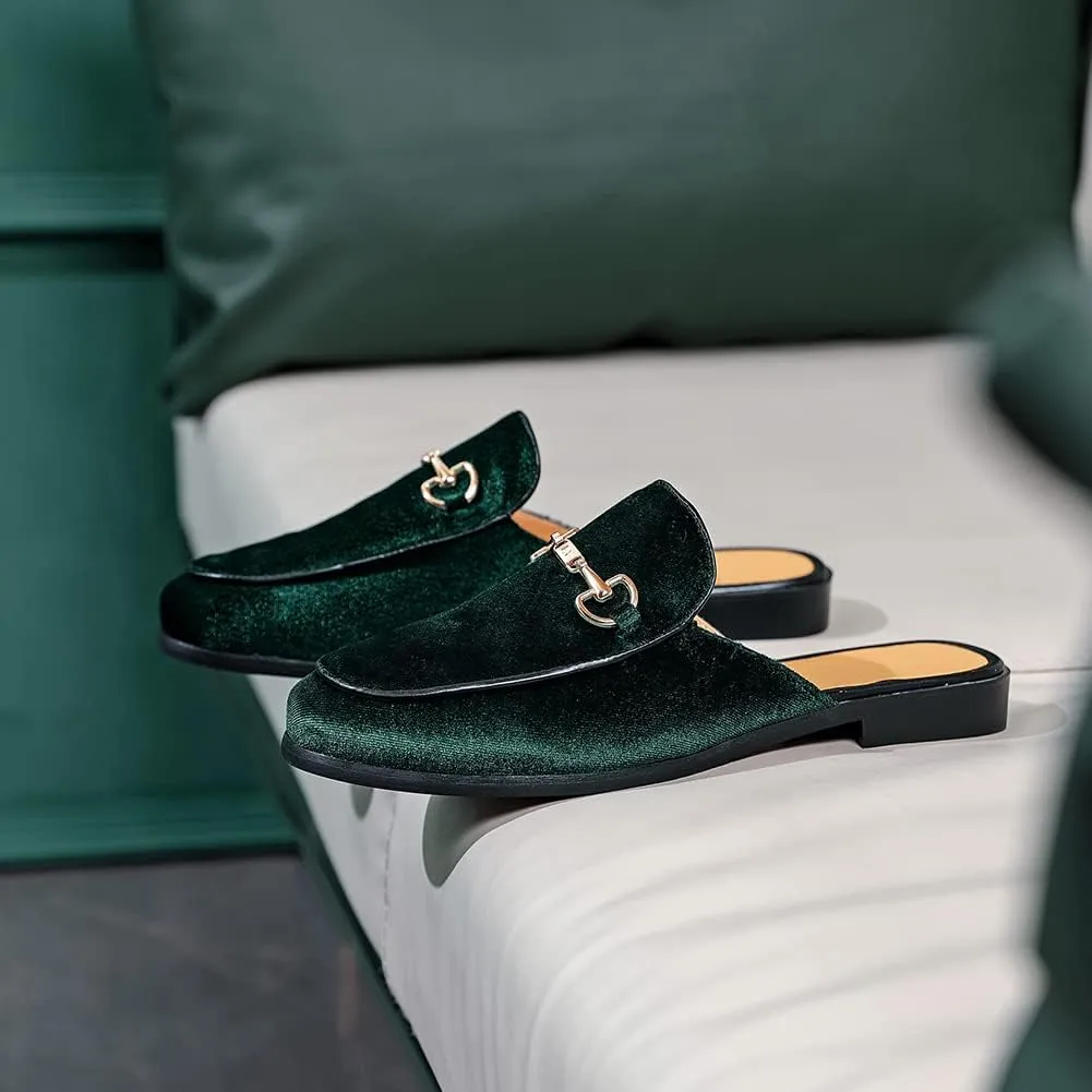 FLQL Mens Shoes Luxury Velvet Gold Buckle Slip-on Penny Loafers Casual Smoking Slippers Indoor Outdoor Sandals Black Size 7-13