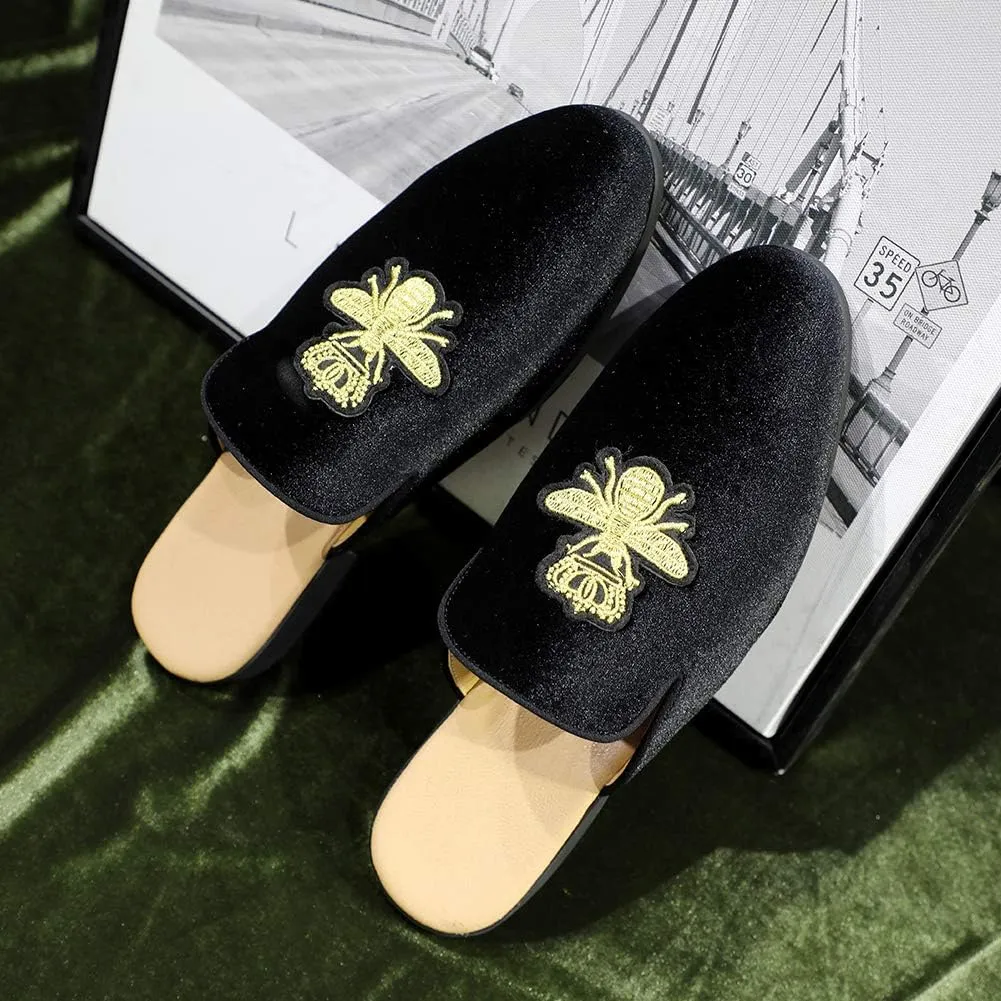 FLQL Mens Shoes Luxury Velvet Gold Buckle Slip-on Penny Loafers Casual Smoking Slippers Indoor Outdoor Sandals Black Size 7-13