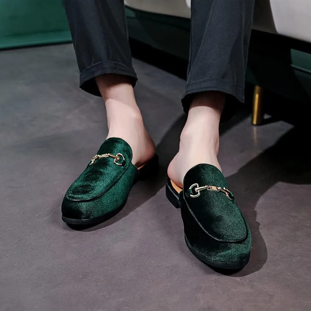 FLQL Mens Shoes Luxury Velvet Gold Buckle Slip-on Penny Loafers Casual Smoking Slippers Indoor Outdoor Sandals Black Size 7-13