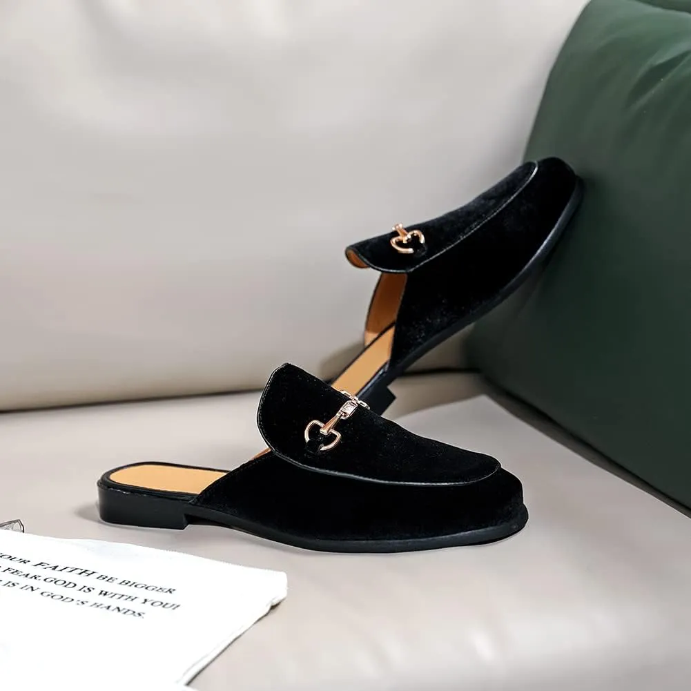 FLQL Mens Shoes Luxury Velvet Gold Buckle Slip-on Penny Loafers Casual Smoking Slippers Indoor Outdoor Sandals Black Size 7-13